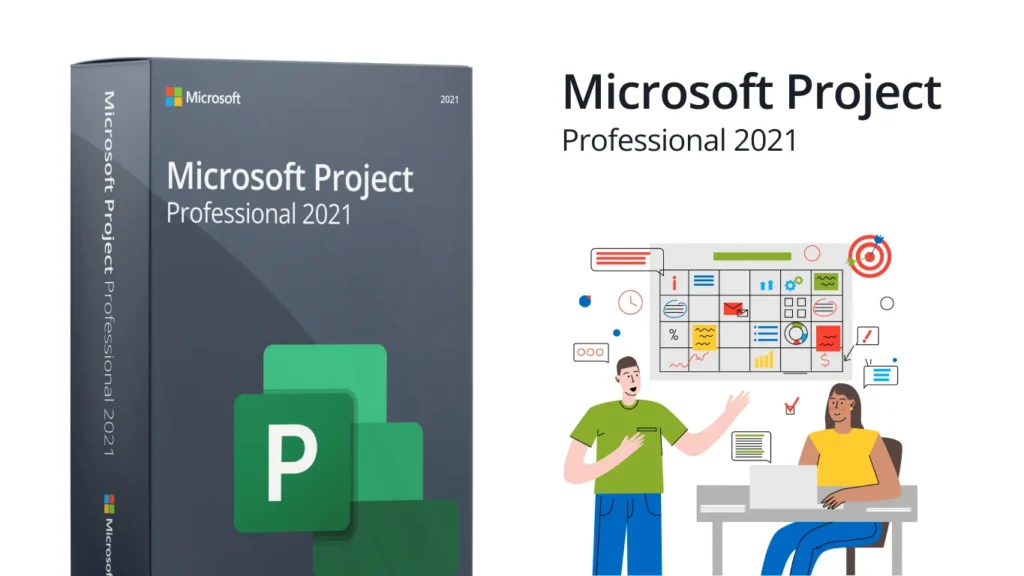 Microsoft Project Professional 2021 Produktbox mit Team-/Planungs-Illustration vor weißem Hintergrund