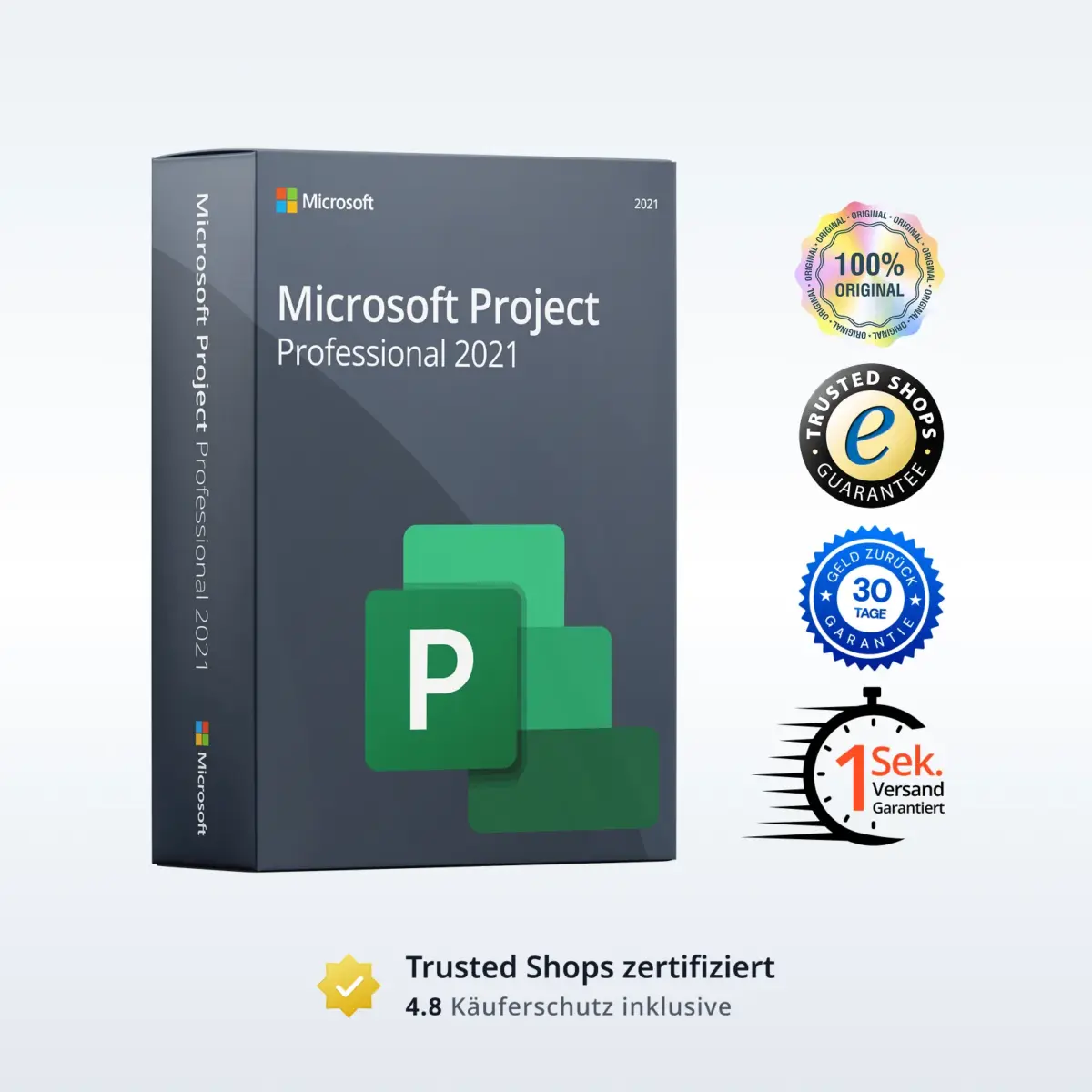Microsoft Project Professional 2021 Produktbild mit Trust-Badges und Bewertungs-Icons