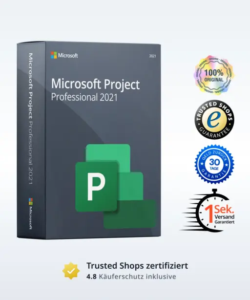 Microsoft Project Professional 2021 Produktbild mit Trust-Badges und Bewertungs-Icons