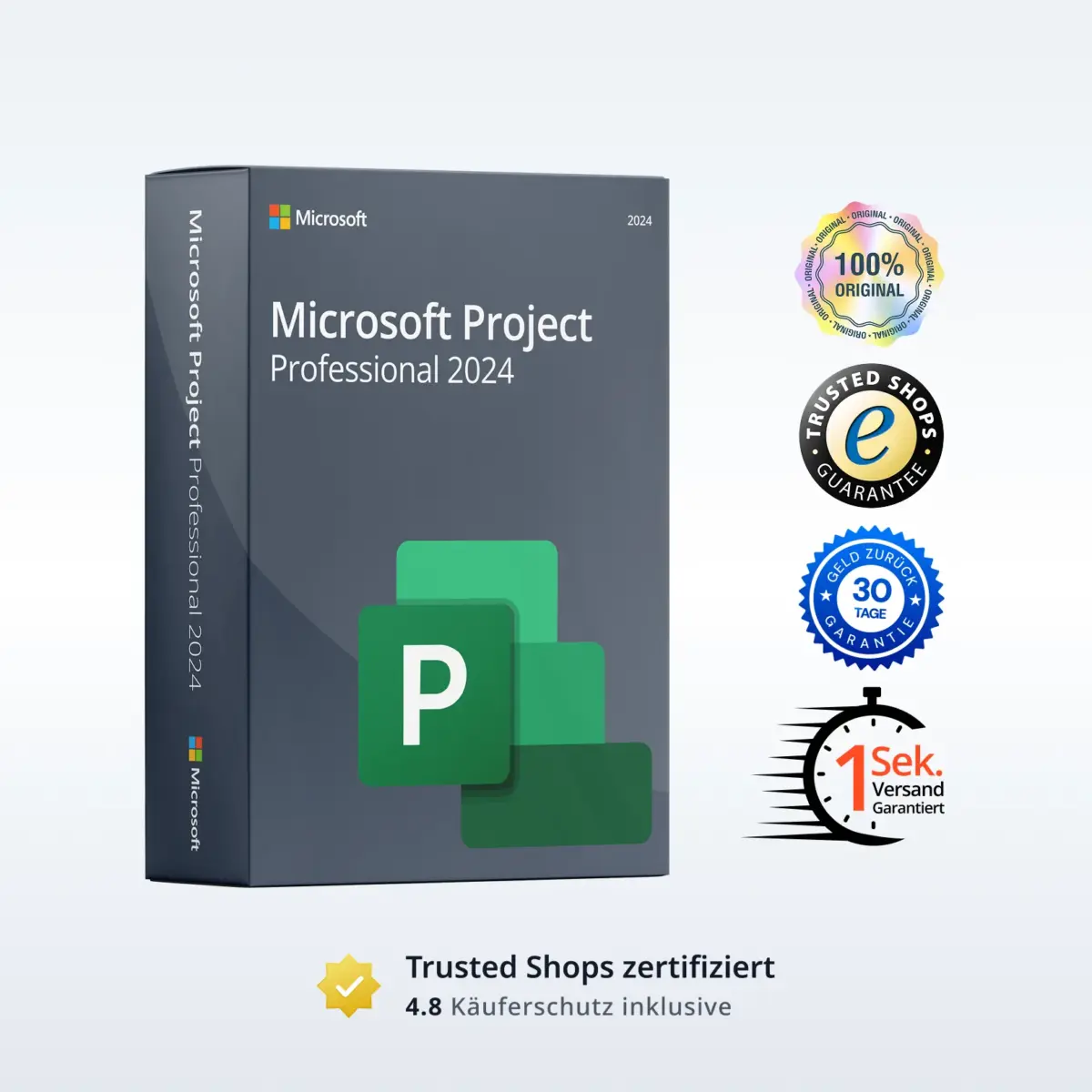 Microsoft Project Professional 2024 Produktbild mit Trust-Badges und Bewertungs-Icons