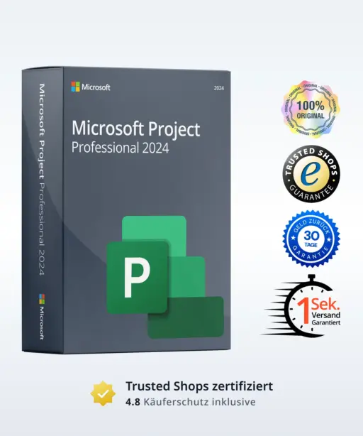 Microsoft Project Professional 2024 Produktbild mit Trust-Badges und Bewertungs-Icons