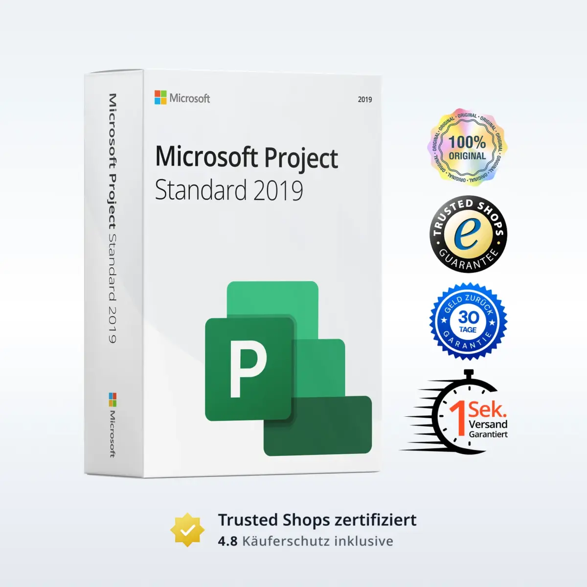 Microsoft Project Standard 2019 Produktbild mit Trust-Badges und Bewertungs-Icons