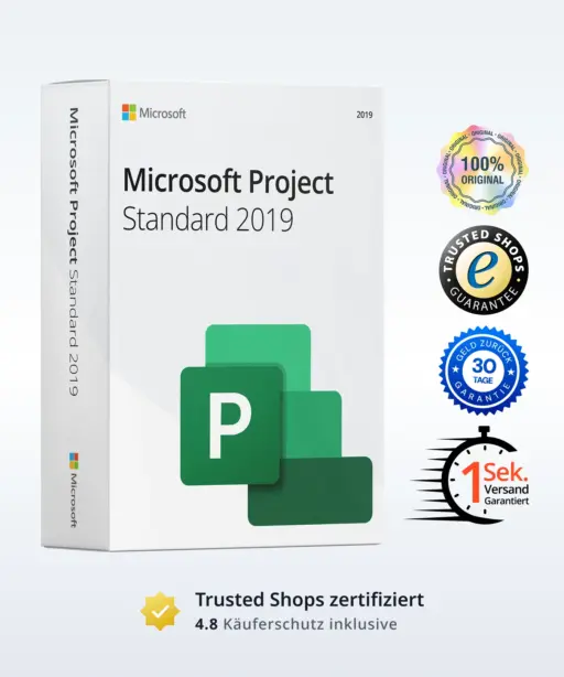 Microsoft Project Standard 2019 Produktbild mit Trust-Badges und Bewertungs-Icons