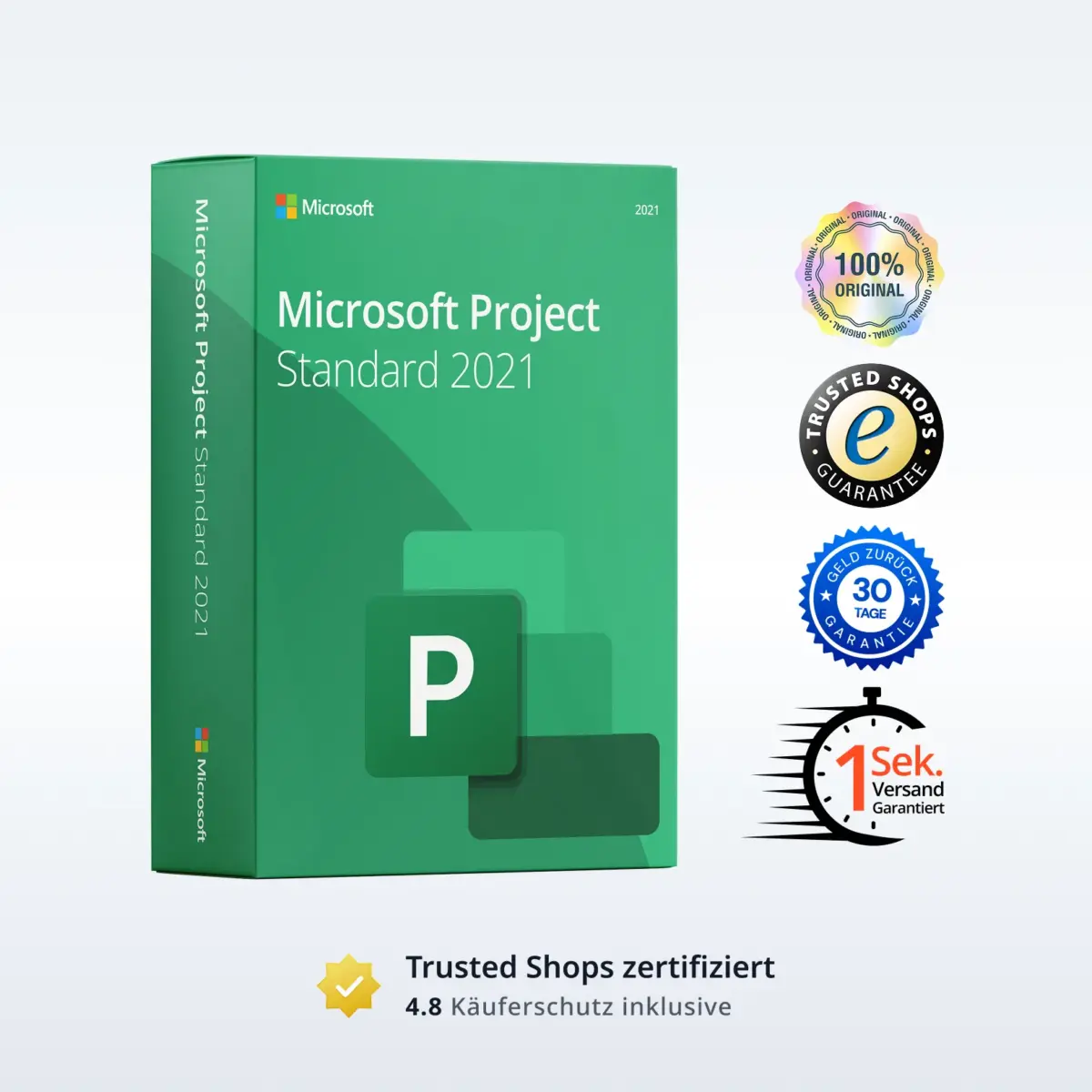 Microsoft Project Standard 2021 Produktbild mit Trust-Badges und Bewertungs-Icons