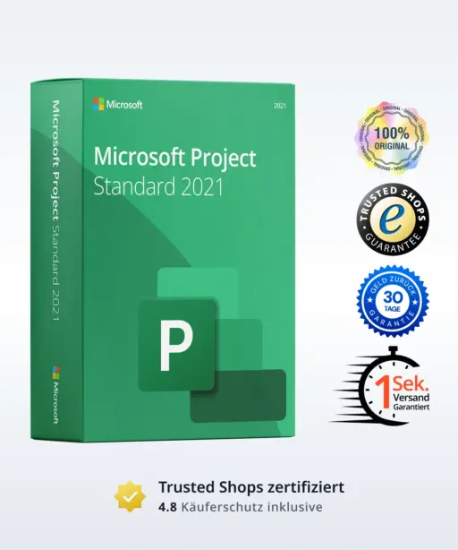 Microsoft Project Standard 2021 Produktbild mit Trust-Badges und Bewertungs-Icons
