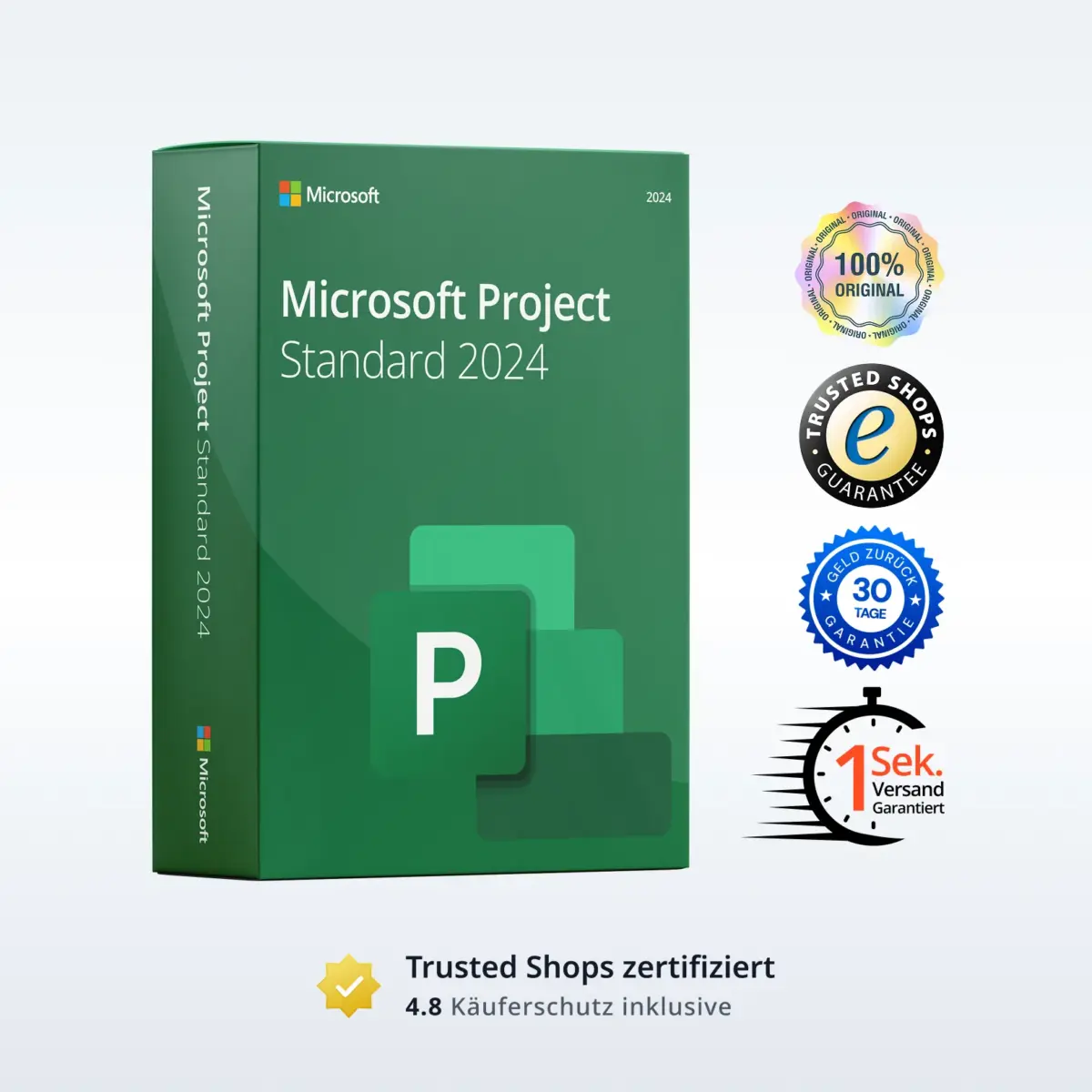 Microsoft Project Standard 2024 Produktbild mit Trust-Badges und Bewertungs-Icons