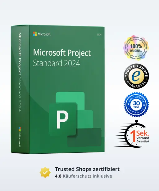 Microsoft Project Standard 2024 Produktbild mit Trust-Badges und Bewertungs-Icons