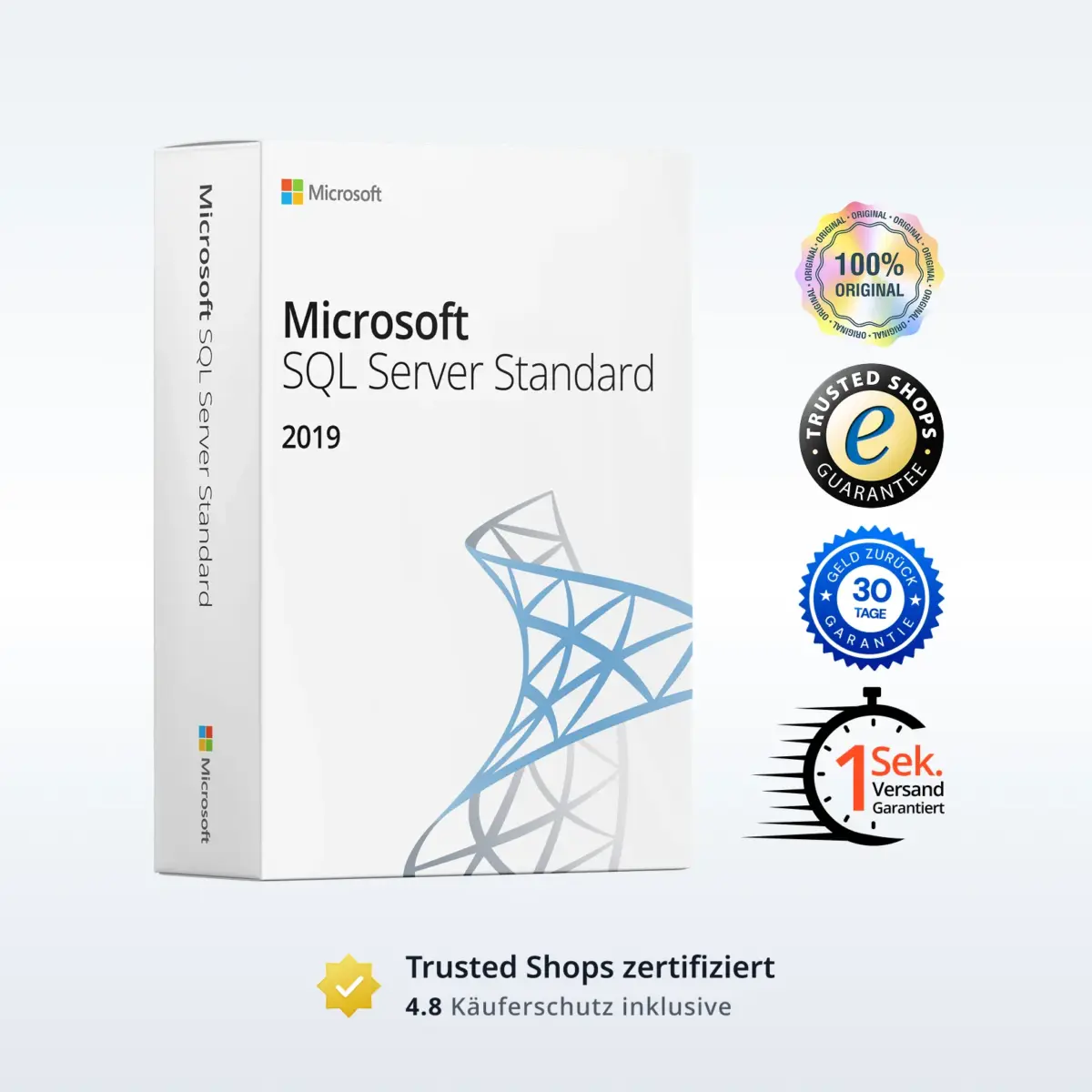 Microsoft SQL Server Standard 2019 Produktbild mit Trust‑Badges und Bewertungs‑Icons