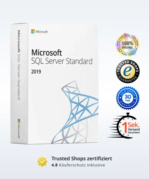 Microsoft SQL Server Standard 2019 Produktbild mit Trust‑Badges und Bewertungs‑Icons