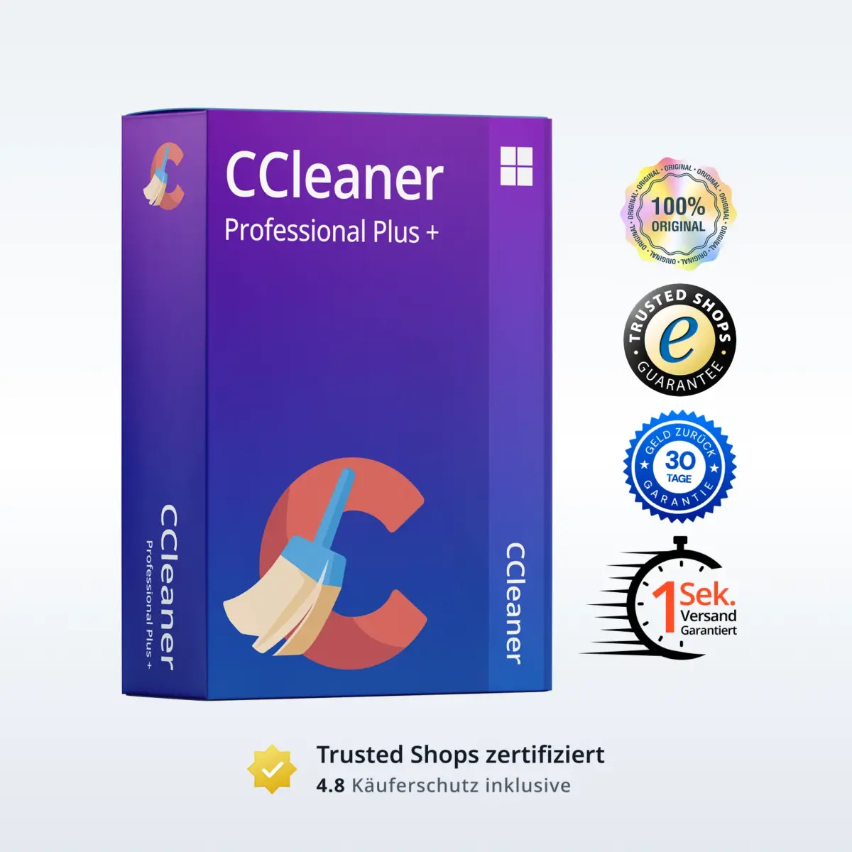 CCleaner Professional Plus – Produktbox mit Vertrauenssiegeln und Trustpilot-Bewertung