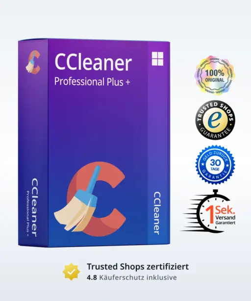 CCleaner Professional Plus – Produktbox mit Vertrauenssiegeln und Trustpilot-Bewertung