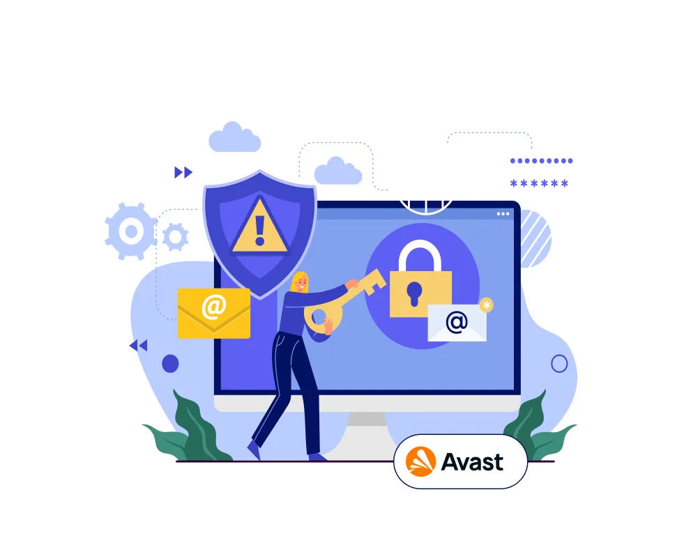 Illustration: Online-Schutz mit Avast – Monitor mit Schloss, E-Mail-Symbol und Warnschild; Person hält Schlüssel (Phishing-, Ransomware- & WLAN-Sicherheit)