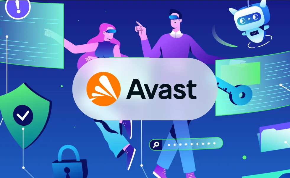 Illustration: Avast Premium Security – Schutz für Webcam & Mikrofon und Sandbox zum sicheren Testen; Schild, Schlüssel, Bot und Avast-Logo