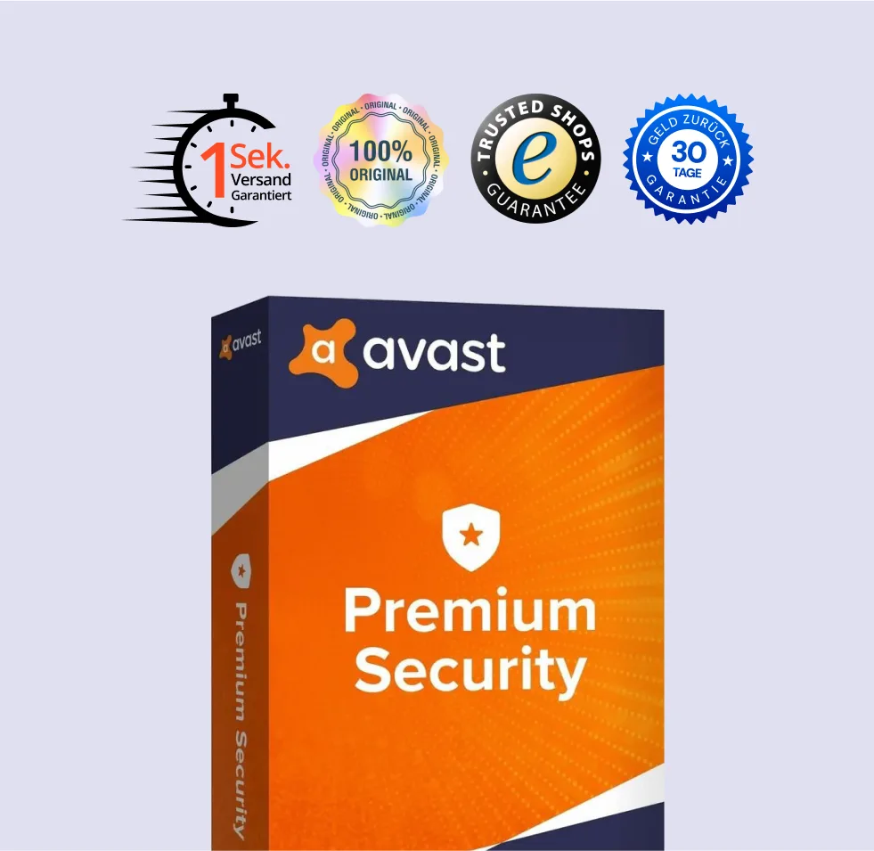 Avast Premium Security Produktbox mit Vertrauenssiegeln (1 Sek. Versand, 100% Original, Trusted Shops, 30 Tage Geld-zurück)