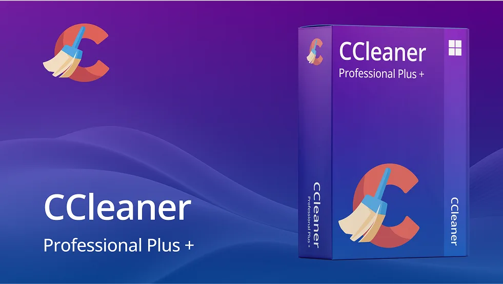 CCleaner Professional Plus Produktbox auf violettem Verlaufshintergrund – Hero-Bild der Produktseite