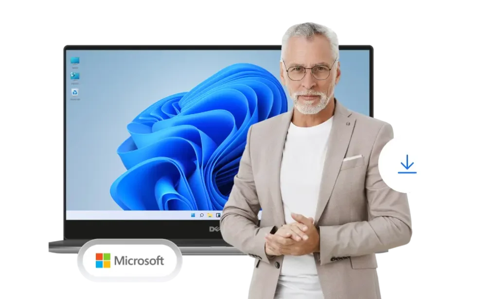 Ein Mann mit grauem Haar und Bart, der eine Brille und einen hellbeigen Blazer trägt, steht vor einem Laptop, auf dem der Startbildschirm von Windows 11 angezeigt wird. Das Microsoft-Logo und ein Download-Symbol sind ebenfalls zu sehen.