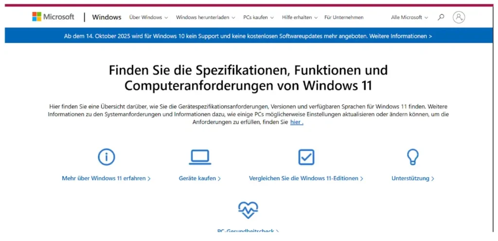 Screenshot der offiziellen Microsoft-Webseite mit Windows 11 Systemanforderungen