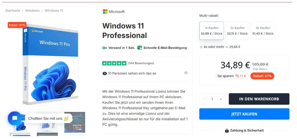 Produktseite für Windows 11 Professional Lizenz im LizenzHub-Shop