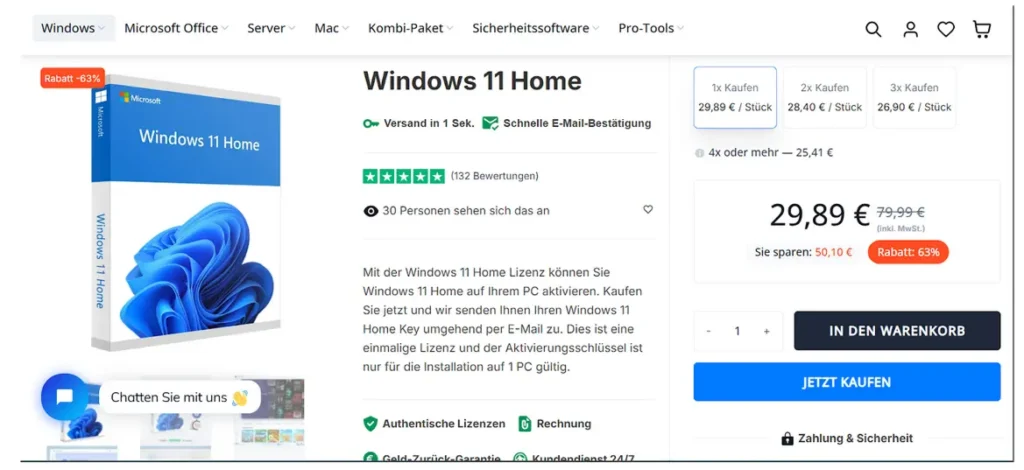 Produktseite für Windows 11 Home Lizenz im LizenzHub-Onlineshop