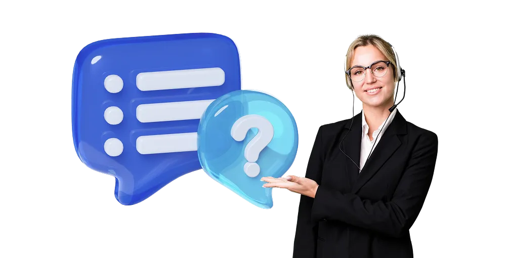 Kundenservice-Mitarbeiterin mit Headset weist auf blaues Fragezeichen und Sprechblasen-Symbol – LizenzHub FAQ-Header