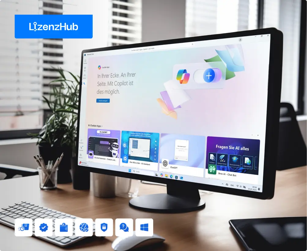 Ein Computermonitor auf einem modernen Bürotisch zeigt einen Windows-Desktop mit Microsoft Copilot. Das LizenzHub-Logo ist in der oberen linken Ecke zu sehen, und am unteren Rand des Bildschirms erscheinen Anwendungssymbole.