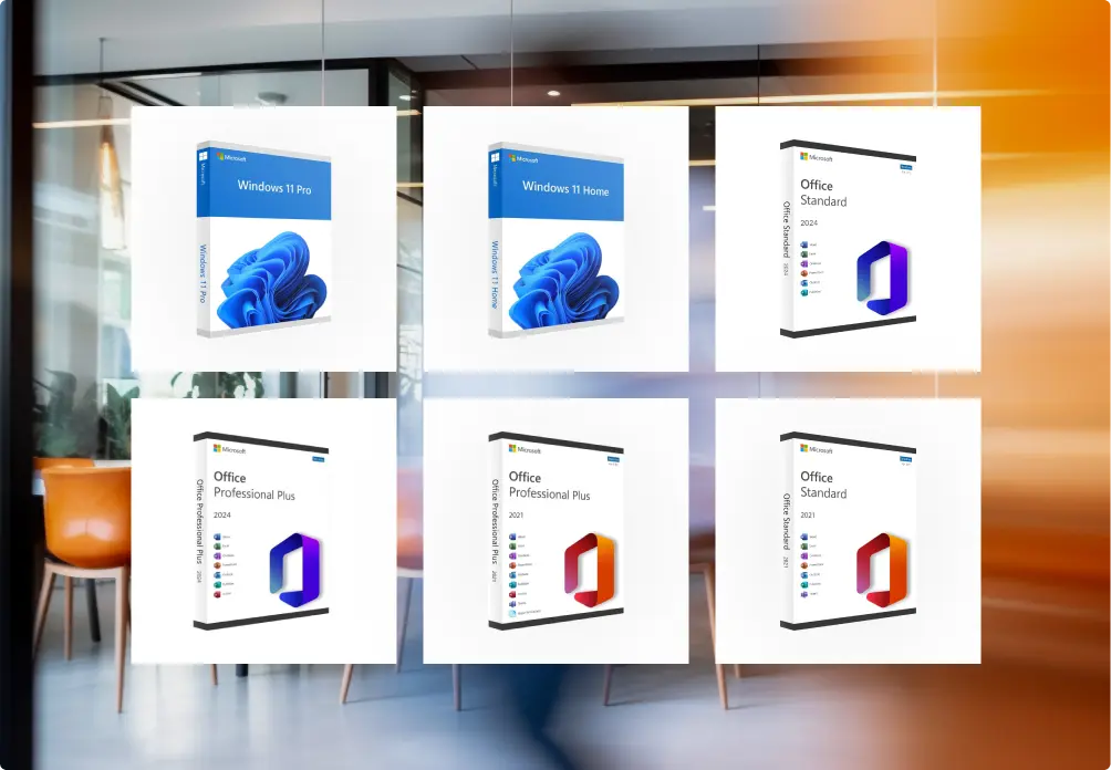 Sechs Microsoft-Produktboxen, darunter Windows 11 Pro, Windows 11 Home, Office Standard und Office Professional Plus, in zwei Reihen vor einem verschwommenen Bürohintergrund mit orangefarbenen Stühlen und Glaswänden.