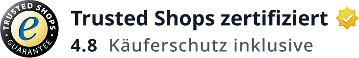 Trusted-Shops-zertifiziertes Badge mit Siegel-Icon, Text „Trusted Shops zertifiziert – 4,8 – Käuferschutz inklusive“.