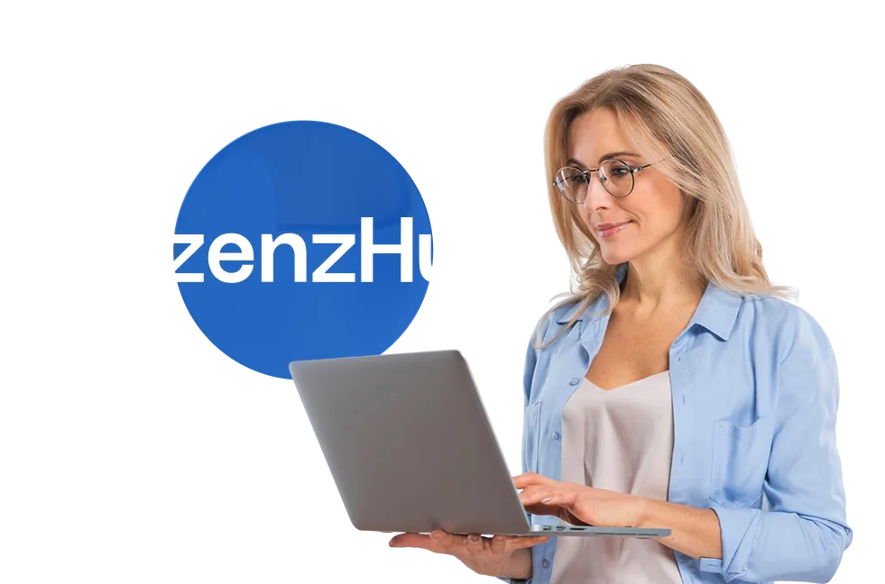 Frau arbeitet am Laptop mit LizenzHub Logo im Hintergrund – Symbol für Vertrauen und digitale Kompetenz.