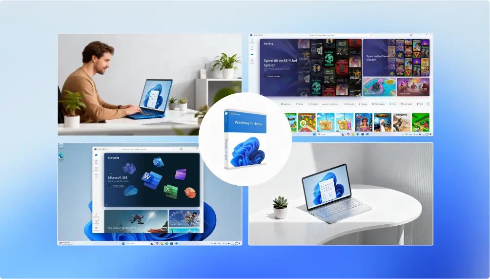 Personen nutzen Windows 11 Home auf verschiedenen Geräten für Gaming, Arbeit und Unterhaltung