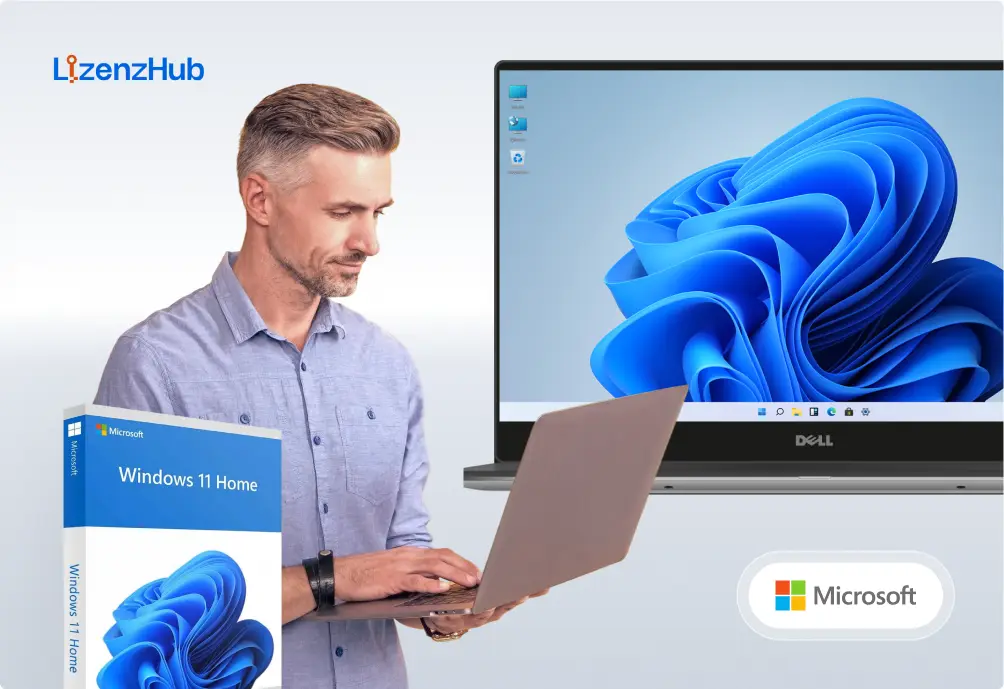 Mann verwendet Microsoft Windows 11 Home mit LizenzHub-Lizenz für sichere digitale Aktivierung