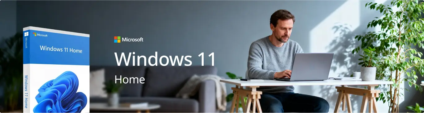 Windows 11 Home Produktbox auf modernem Schreibtisch dargestellt