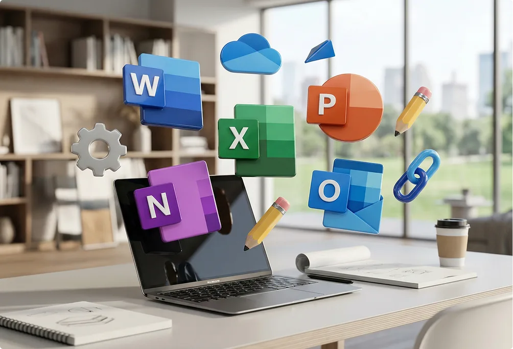 Schreibtischszene mit Laptop und schwebenden Microsoft® Office-App-Icons (Word, Excel, PowerPoint, Outlook, OneNote)