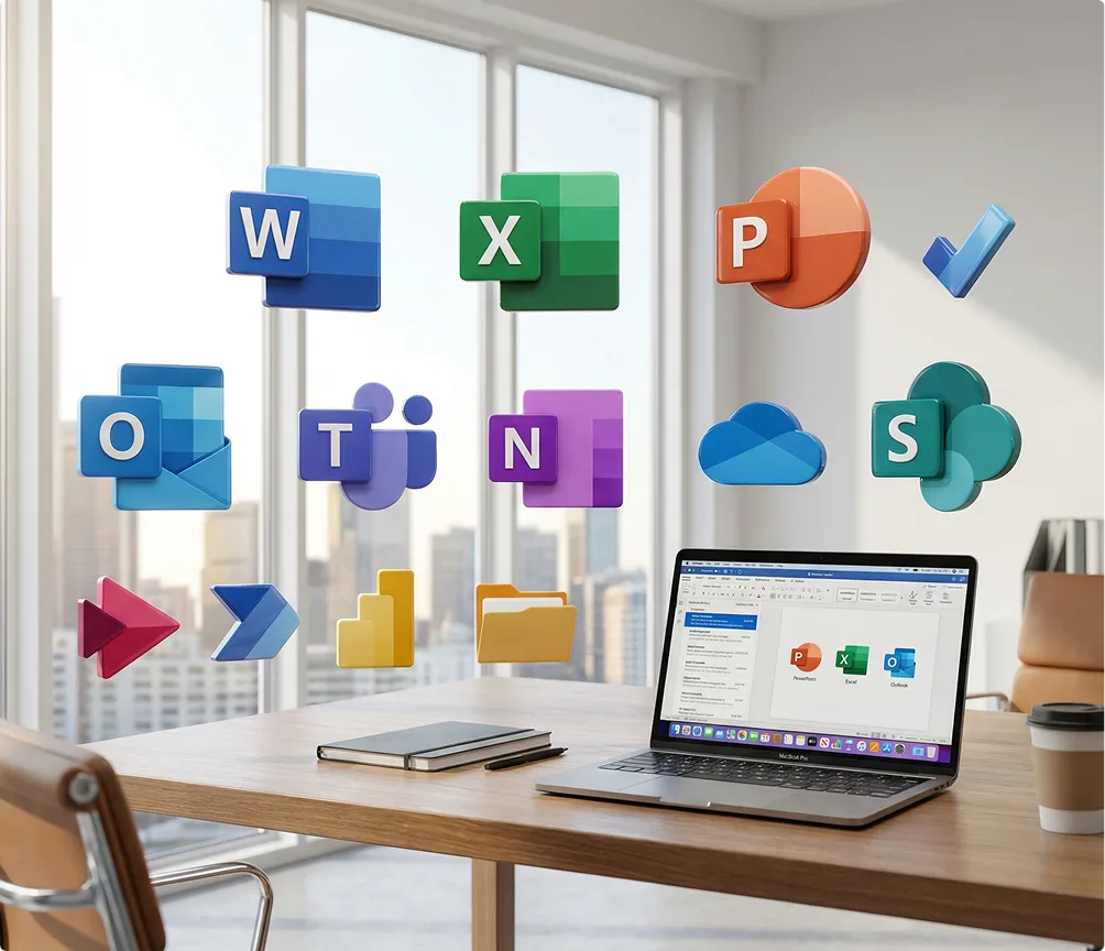 Modernes Büro mit Monitor und Laptop; schwebende Microsoft® Office-App-Icons (Word, Excel, PowerPoint, Outlook, OneNote, Teams, OneDrive, SharePoint)