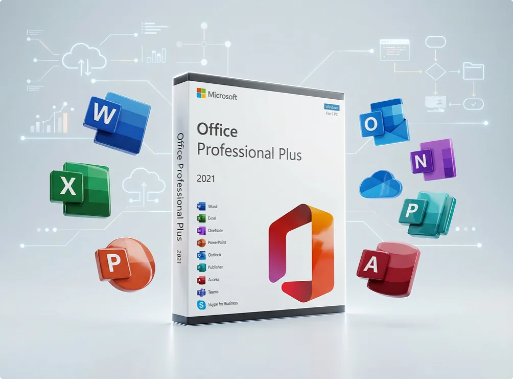 Microsoft® Office Professional Plus 2021 Box mit schwebenden App-Icons vor technischem Hintergrund
