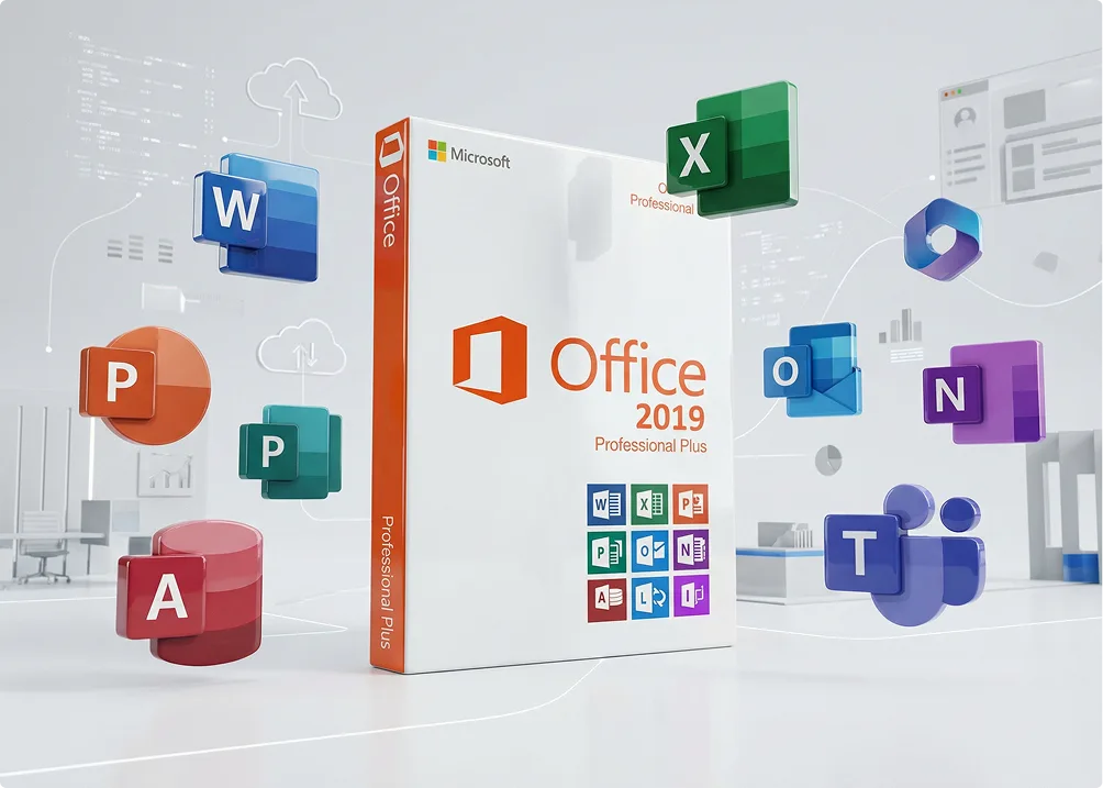 Microsoft® Office 2019 Professional Plus Box mit schwebenden App-Icons in technischer Büroszene