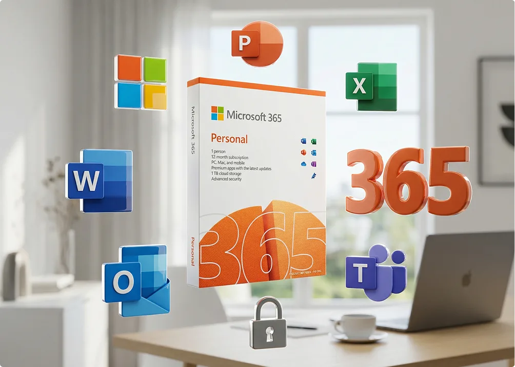 Microsoft® 365 Personal Box mit „365“-Ziffern und schwebenden Office-App-Icons in Home-Office-Szene