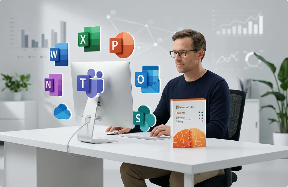 Geschäftsanwender am iMac mit Microsoft® Office für Mac Box und schwebenden App-Icons
