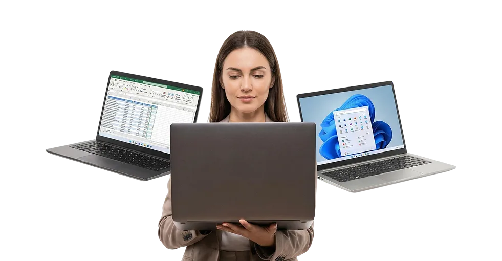 Frau mit Laptop – Microsoft® Windows Leitfaden