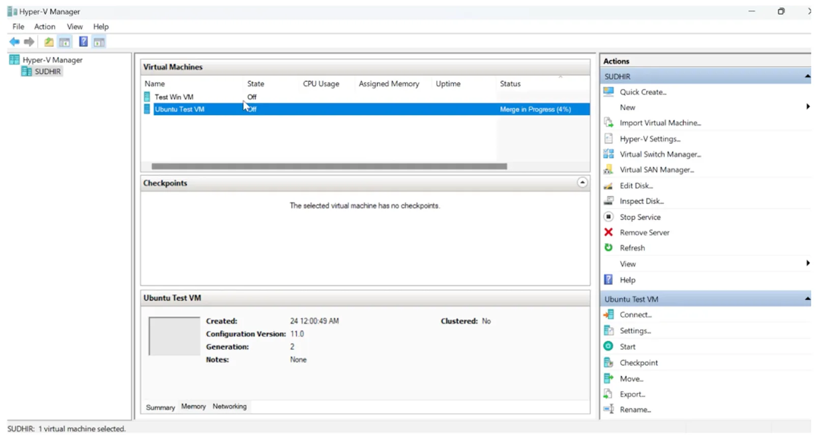 Screenshot des Hyper-V-Managers, der eine virtuelle Maschine mit dem Namen Ubuntu Test VM und dem Status Aus anzeigt. Es werden Optionen und Details zur VM sowie eine Liste von Aktionen im rechten Bereich angezeigt.