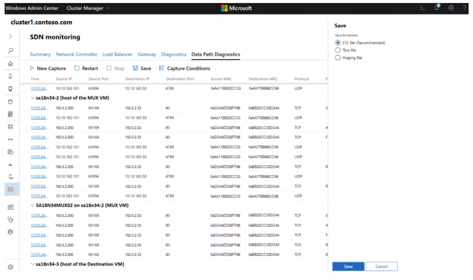 Ein Screenshot der Registerkarte Datenpfaddiagnose im Windows Admin Center zeigt SDN-Überwachungsdetails, einschließlich VM-Namen, Quell- und Ziel-IPs, Ports, MAC-Adressen und Protokolle in einer Tabelle. Auf der rechten Seite ist ein Panel Einstellungen speichern geöffnet.