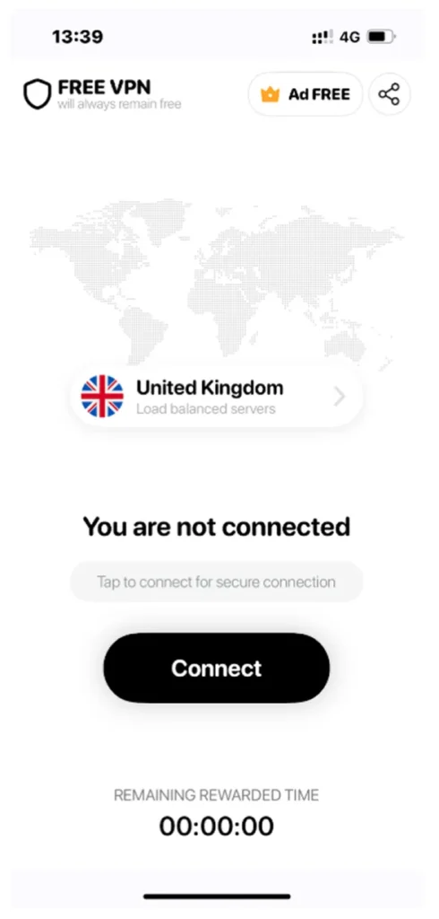 Auf dem Bildschirm der VPN-App wird United Kingdom als ausgewählter Server angezeigt, mit der Meldung You are not connected. Darunter befindet sich eine große Schaltfläche "Connect" (Verbinden) und ein Timer mit der Aufschrift "Remaining Rewarded Time" (Verbleibende Zeit) zeigt 00:00:00.