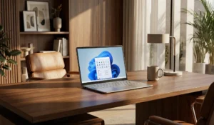 Beitragsbild: Home-Office-Schreibtisch mit Laptop – Microsoft® Windows® 11