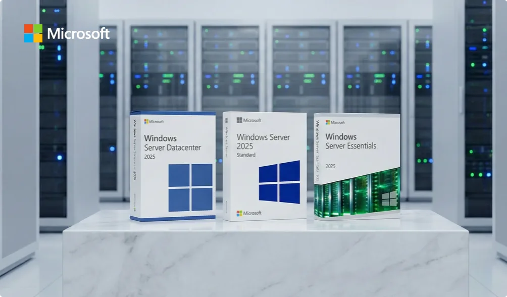 Hero-Bild: Microsoft® Windows® Server 2025 – Produktboxen vor Server-Racks im Rechenzentrum
