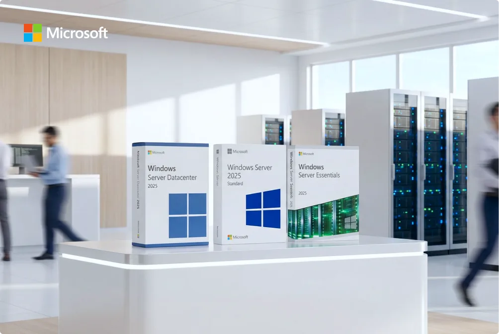 Showroom: Microsoft® Windows® Server 2025 – Produktboxen in moderner Ausstellungsfläche