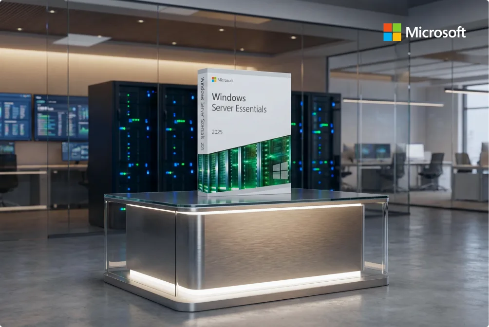 Edition „Essentials“: Microsoft® Windows® Server 2025 – Produktbox auf leuchtendem Podest im Serverraum (dunkles Ambiente)
