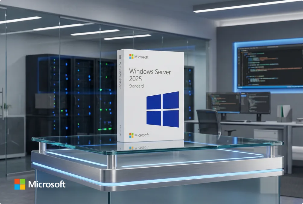 Edition „Standard“: Microsoft® Windows® Server 2025 – Produktbox in Labor-/Technikumgebung (Präsentationsfläche, Serverrack im Hintergrund)