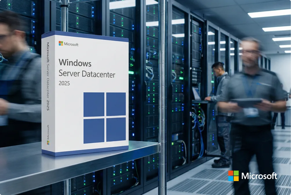 Edition „Datacenter“: Microsoft® Windows® Server 2025 – Produktbox im Servergang mit vorbeigehendem Techniker