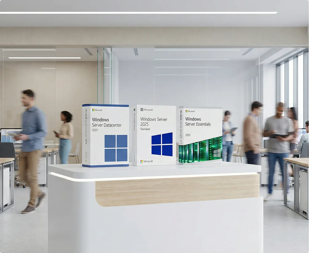 Büroszene: Microsoft® Windows® Server 2025 – Produktboxen auf weißem Podest, Mitarbeitende in Bewegung