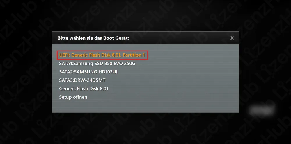 Ein Bootmenü zeigt mehrere Startgeräte. UEFI: Generic Flash Disk 8.01, Partition 1 ist orange markiert. Weitere Optionen sind SSD, HDD, DVD und Setup-Einträge.
