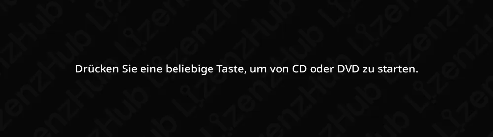 Text auf schwarzem Bildschirm: Drücken Sie eine beliebige Taste, um von CD oder DVD zu starten. Im Hintergrund ist ein dezentes, sich wiederholendes Tastenmuster in Grau.